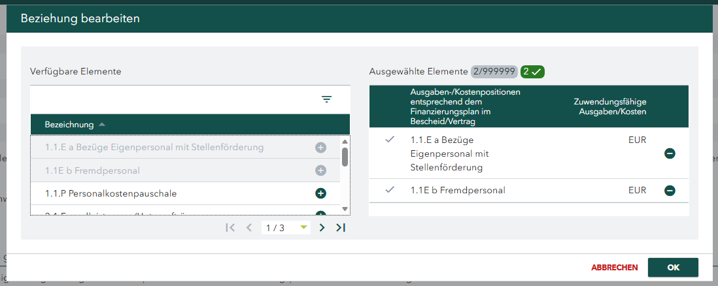 Screenshot der Tabelle mit Ausgaben- und Kostenpositionen