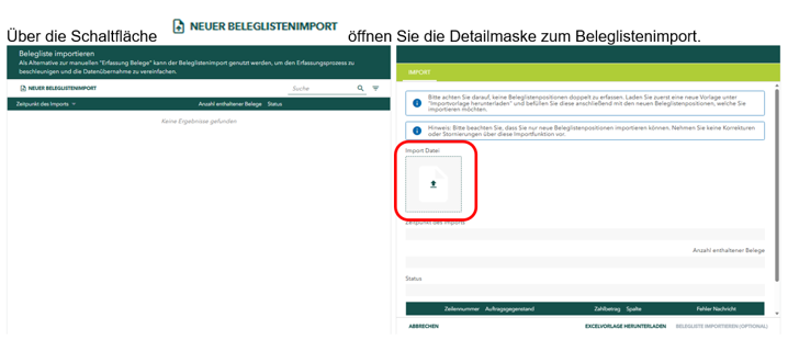 Screenshot eines Buttons für den Beleglistenimport