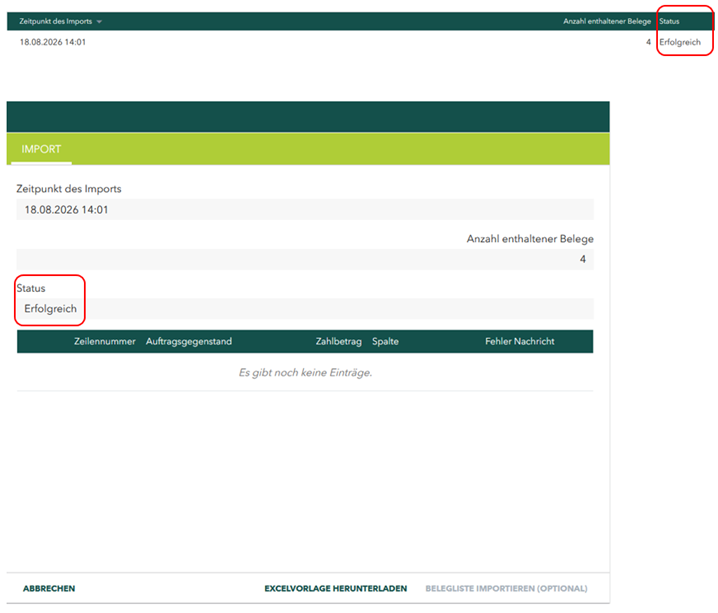 Screenshot eines Buttons für den Beleglistenimport