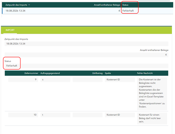 Screenshot eines Buttons für den Beleglistenimport