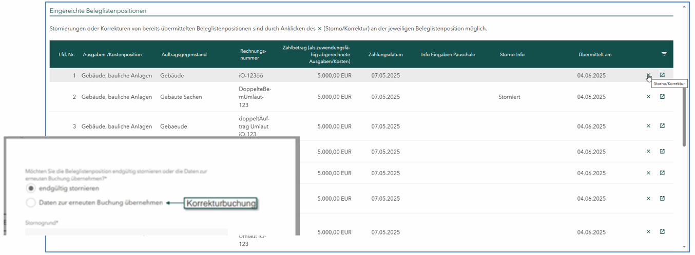 Screenshot der Übersicht der Eingereichten Belegpositionen; Mauszeiger zeigt auf x hinter einer Belegposition; Auswahlfeld mit Auswahl endgültig stornieren