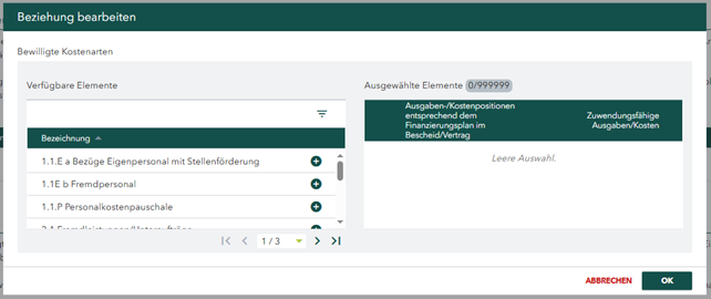 Screenshot der Tabelle mit Ausgaben- und Kostenpositionen