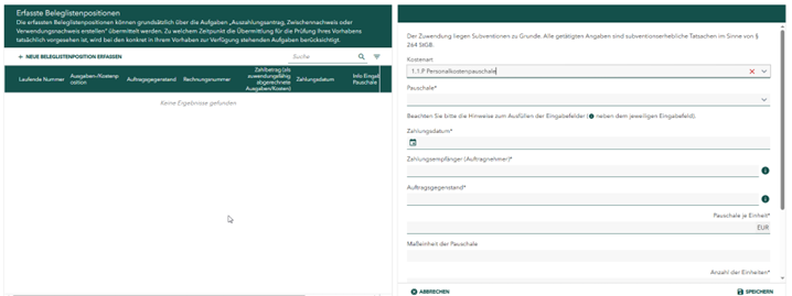 Screenshot: Felder zur Erfassung eines Beleges