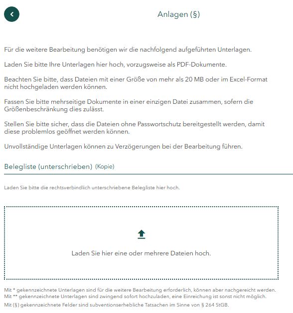 Screenshot der Upload-Seite für Dokumente
