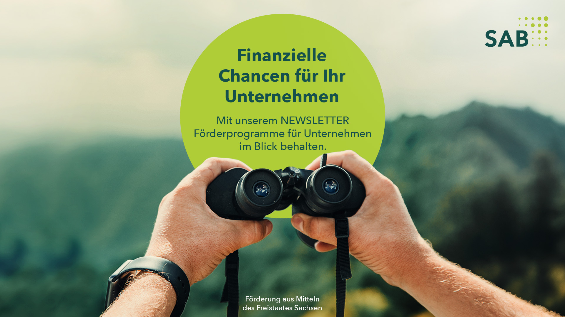 Symbolbild zum Thema Newsletter: 2 Hände halten ein Fernglas, mit grafischem Hinweis: Finanzielle Chancen für Ihr Unternehmen. Mit unserem Newsletter Förderprogramme für Unternehmen im Blick behalten.